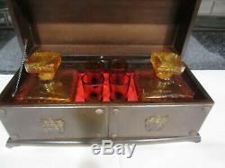 Vintage 2 Glass Decanters, Shot Glasses in Musical Wood Box, Bar Set, Cat Rescue