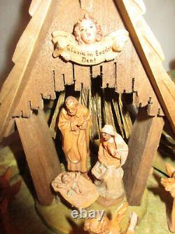 Vintage ANRI Christmas Wood Carved Light-Up Motion Nativity Music Box Works