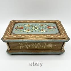 Vintage Anri Reuge Painted Wood Music Box WORKS Wooden The Blue Floral Swiss