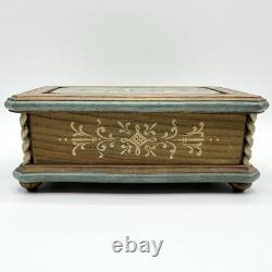 Vintage Anri Reuge Painted Wood Music Box WORKS Wooden The Blue Floral Swiss