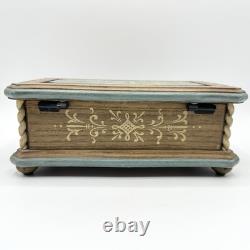 Vintage Anri Reuge Painted Wood Music Box WORKS Wooden The Blue Floral Swiss