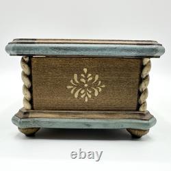 Vintage Anri Reuge Painted Wood Music Box WORKS Wooden The Blue Floral Swiss