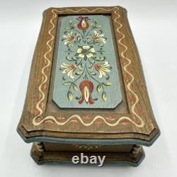 Vintage Anri Reuge Painted Wood Music Box WORKS Wooden The Blue Floral Swiss