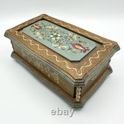 Vintage Anri Reuge Painted Wood Music Box WORKS Wooden The Blue Floral Swiss