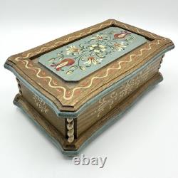 Vintage Anri Reuge Painted Wood Music Box WORKS Wooden The Blue Floral Swiss