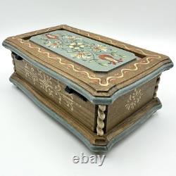 Vintage Anri Reuge Painted Wood Music Box WORKS Wooden The Blue Floral Swiss
