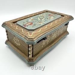 Vintage Anri Reuge Painted Wood Music Box WORKS Wooden The Blue Floral Swiss
