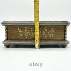 Vintage Anri Reuge Painted Wood Music Box WORKS Wooden The Blue Floral Swiss