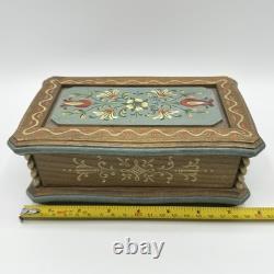 Vintage Anri Reuge Painted Wood Music Box WORKS Wooden The Blue Floral Swiss