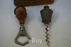 Vintage Anri Wood Carving Bar Set Music Box Bottle Opener Corkscrew Carved Wood