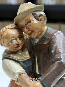 Vintage Black Forest Style German Wood Carved Music Box Dancing Couple Folk Art