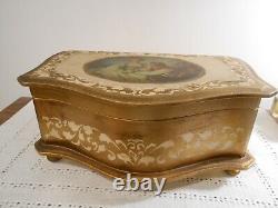 Vintage Bow Front Florentine Italy Italian Gilt Wood Jewelry Box Chest Music Box