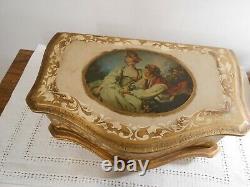 Vintage Bow Front Florentine Italy Italian Gilt Wood Jewelry Box Chest Music Box