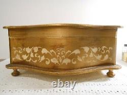 Vintage Bow Front Florentine Italy Italian Gilt Wood Jewelry Box Chest Music Box