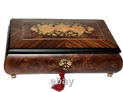 Vintage Burl Wood & Velvet Jewelry Music Box Made In Italy