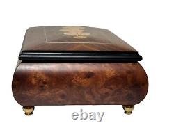 Vintage Burl Wood & Velvet Jewelry Music Box Made In Italy