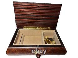 Vintage Burl Wood & Velvet Jewelry Music Box Made In Italy