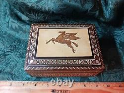 Vintage Chevron Pegasus Inlaid Wood 2 Classical Music Tunes Trinket Music Box