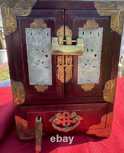 Vintage Chinese Musical Jewelry Box with Jade and Etched Brass. Original Lock