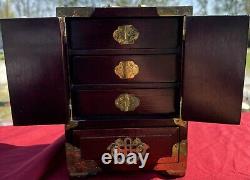 Vintage Chinese Musical Jewelry Box with Jade and Etched Brass. Original Lock