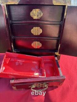 Vintage Chinese Musical Jewelry Box with Jade and Etched Brass. Original Lock