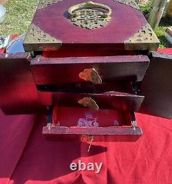 Vintage Chinese Musical Jewelry Box with Jade and Etched Brass. Original Lock