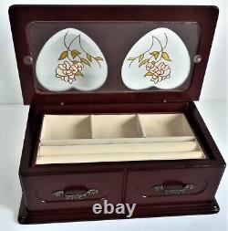 Vintage Double Hearts Musical Wooden Jewellery Box With Pink Flowers Organiser