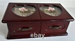 Vintage Double Hearts Musical Wooden Jewellery Box With Pink Flowers Organiser