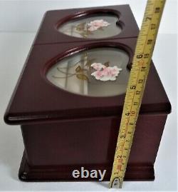 Vintage Double Hearts Musical Wooden Jewellery Box With Pink Flowers Organiser