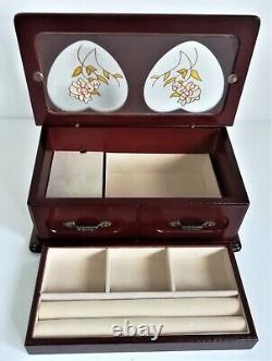 Vintage Double Hearts Musical Wooden Jewellery Box With Pink Flowers Organiser