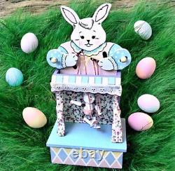 Vintage Enesco Vintage'86 Wood Music Box Bunny Rabbit PUPPET ON A STRING Moves
