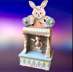 Vintage Enesco Vintage'86 Wood Music Box Bunny Rabbit PUPPET ON A STRING Moves