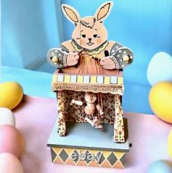 Vintage Enesco Vintage'86 Wood Music Box Bunny Rabbit PUPPET ON A STRING Moves