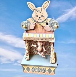 Vintage Enesco Vintage'86 Wood Music Box Bunny Rabbit PUPPET ON A STRING Moves
