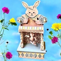 Vintage Enesco Vintage'86 Wood Music Box Bunny Rabbit PUPPET ON A STRING Moves