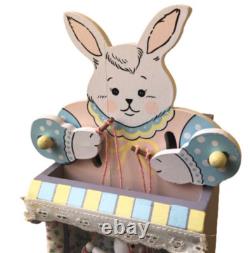 Vintage Enesco Vintage'86 Wood Music Box Bunny Rabbit PUPPET ON A STRING Moves