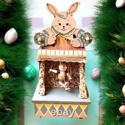 Vintage Enesco Vintage'86 Wood Music Box Bunny Rabbit PUPPET ON A STRING Moves