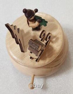 Vintage Erzegebirge Wood Wooden Boy with Sleigh & Christmas Tree Music Box