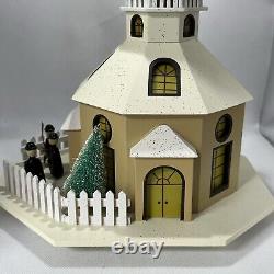 Vintage Erzgebirge Lighted House Seiffen Church Music Box Silent Night Wood