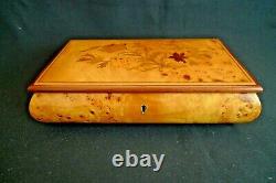 Vintage Fine Wood Inlayed Music Box Red Velvet Line Footed Plays St Lucia Italy