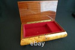 Vintage Fine Wood Inlayed Music Box Red Velvet Line Footed Plays St Lucia Italy