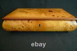 Vintage Fine Wood Inlayed Music Box Red Velvet Line Footed Plays St Lucia Italy