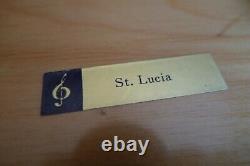 Vintage Fine Wood Inlayed Music Box Red Velvet Line Footed Plays St Lucia Italy