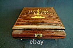 Vintage Fine Wood Judaic Inlayed Menorah Reuge Music Box Velvet Footed Oh Hanuka