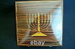 Vintage Fine Wood Judaic Inlayed Menorah Reuge Music Box Velvet Footed Oh Hanuka