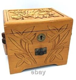 Vintage Hand Carved Folk Art Swiss Wood & Music Jewelry Box, Cuendet, Silk Lined