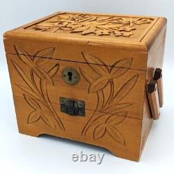 Vintage Hand Carved Folk Art Swiss Wood & Music Jewelry Box, Cuendet, Silk Lined