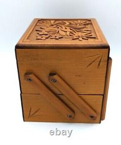 Vintage Hand Carved Folk Art Swiss Wood & Music Jewelry Box, Cuendet, Silk Lined