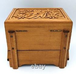 Vintage Hand Carved Folk Art Swiss Wood & Music Jewelry Box, Cuendet, Silk Lined