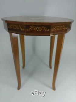 Vintage Handmade Italian 12-Sided Polygon Wood Music Box Table w Key